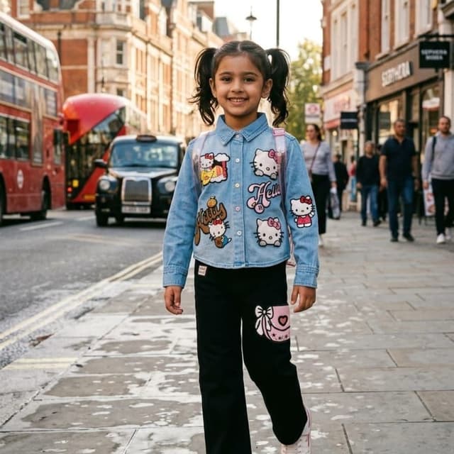 Light blue denim, black, white, and pink Two-piece outfit consisting of a denim shirt jacket and black trousers