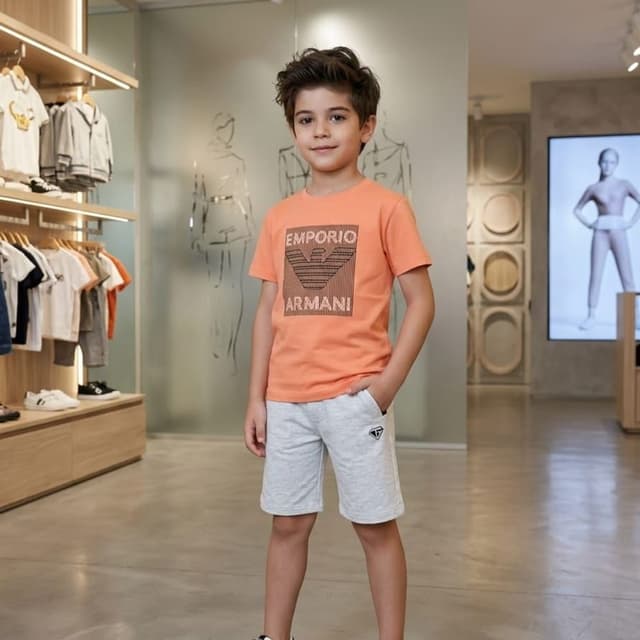 Peach orange t-shirt, light grey marled shorts, black and white sneakers T-shirt and shorts set