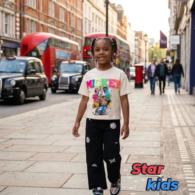 Off-white top with multi-colored graphic, black pants with white patches Outfit set (T-shirt and Pants)