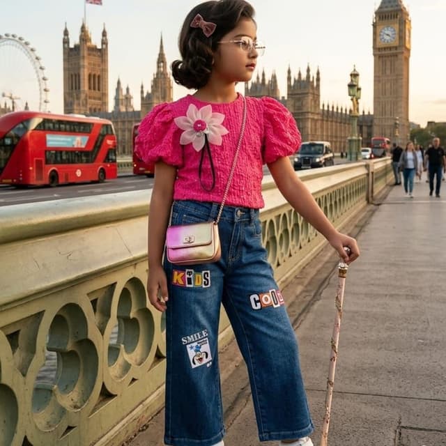 Hot pink, indigo blue, metallic gradient Puff-sleeve top and jeans set