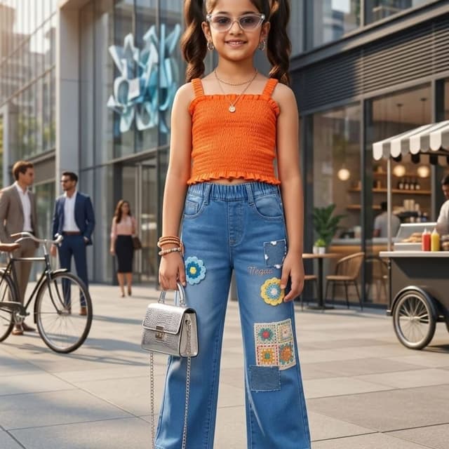 Orange, Light Blue, Multi-colored accents Crop top and jeans set