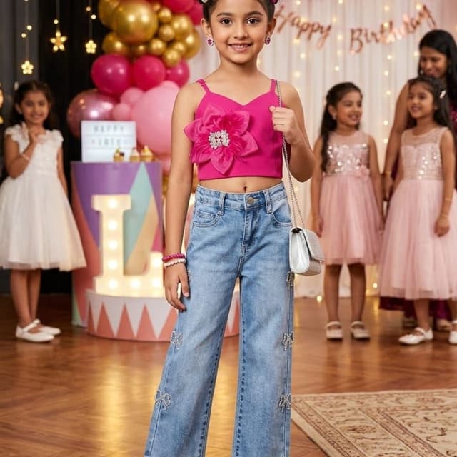 Hot pink, Light wash blue Crop top and wide-leg jeans set