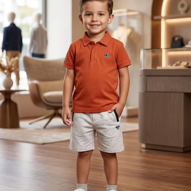 Burnt Orange, Light Heather Grey, Black Polo shirt and shorts set
