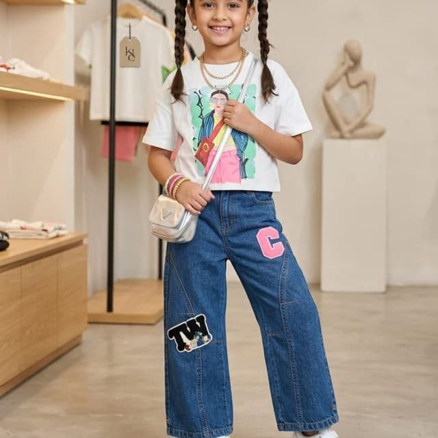 White, Blue, Pink, Black, Silver T-shirt and Jeans set