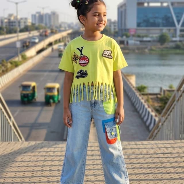 Neon Yellow, Light Blue, Orange, Red, White Two-piece set (T-shirt and Jeans)