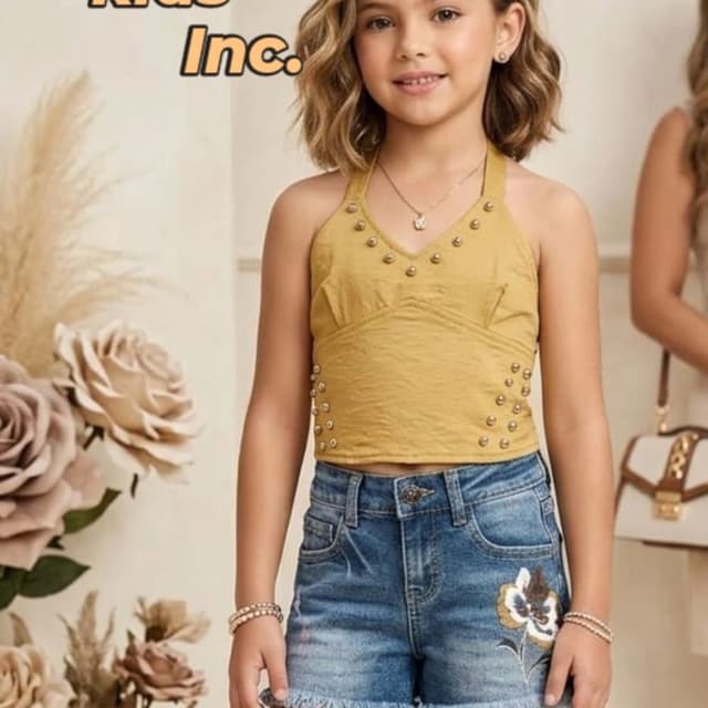 Mustard yellow top, blue denim shorts Two-piece outfit consisting of a halter-neck crop top and denim shorts