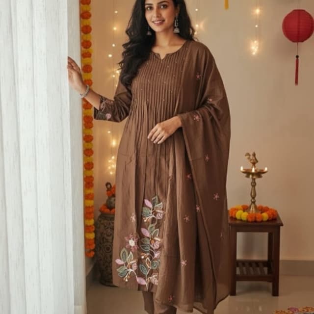 Brown, Pink, Green, Cream Kurta Set with Dupatta