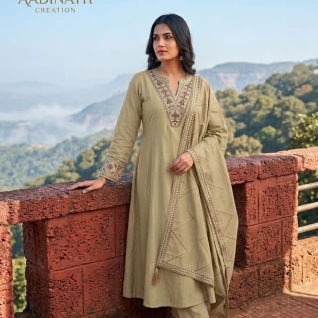 Beige, Taupe, Multi-color embroidery accents Kurta Set with Dupatta