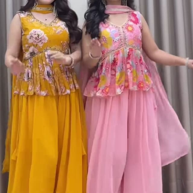 Yellow, Pink, Multi-colored floral prints Peplum Top with Sharara/Palazzo Set