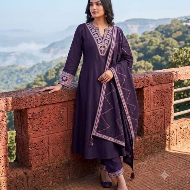 Deep purple with light pink and beige embroidery accents Kurta Set