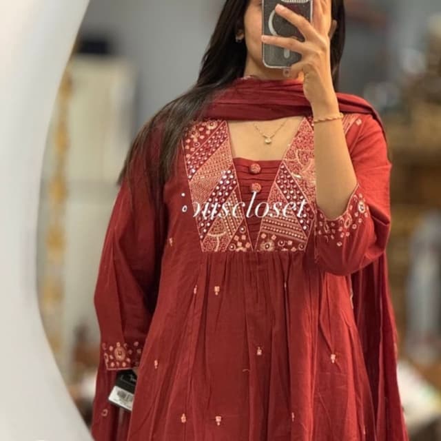 Deep Maroon or Burgundy with golden accent detailing Kurta with Dupatta set