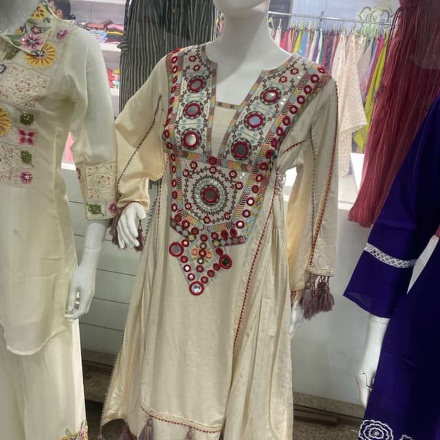 Off-white base with multicolor embroidery (red, blue, green, yellow) Kurti with pants