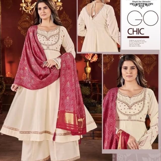 Off-white or cream base with deep magenta or wine colored dupatta Anarkali Suit Set