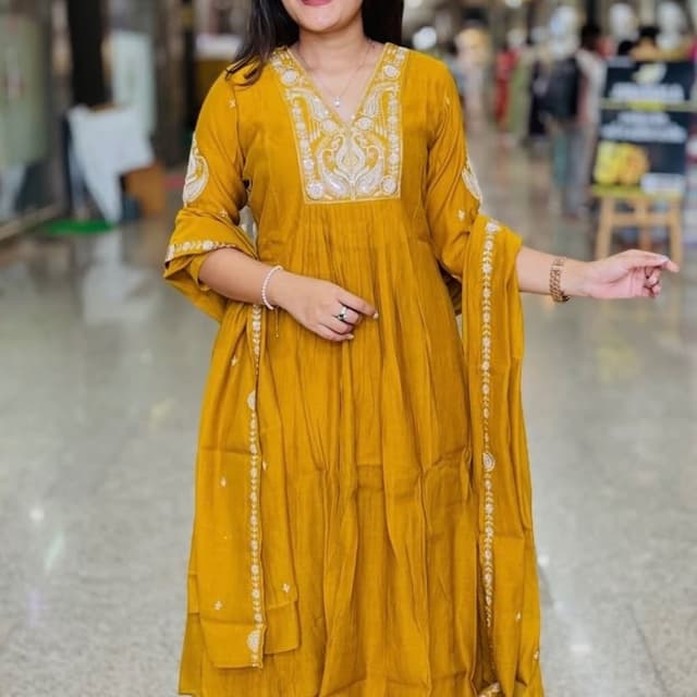 Mustard Yellow with White embroidery Kurti Set with Dupatta