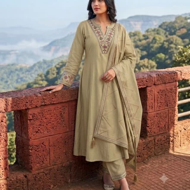 Beige, Taupe, Earthy tones Kurta Set with Dupatta