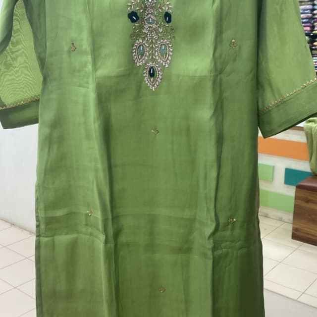 Olive green base with teal, silver, and dark green accents Kurti