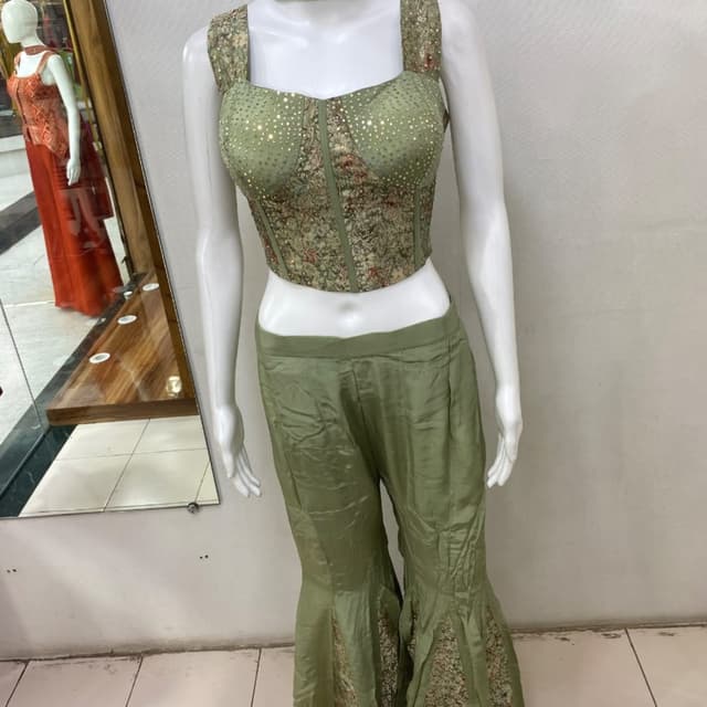 Olive green, sage green, and multi-colored floral accents Co-ord Set (Corset Top and Sharara Pants)