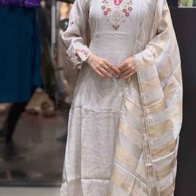 Beige, off-white, pink, and gold Salwar Kameez set with Dupatta