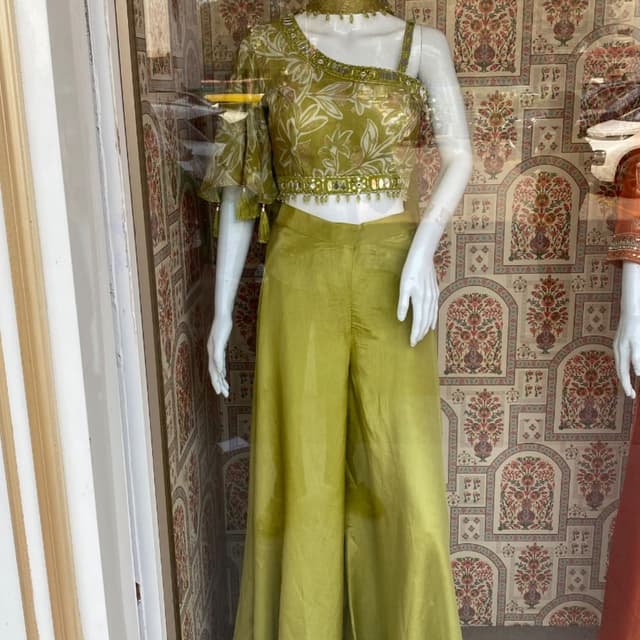 Olive green, lime green Co-ord set (crop top and palazzos)