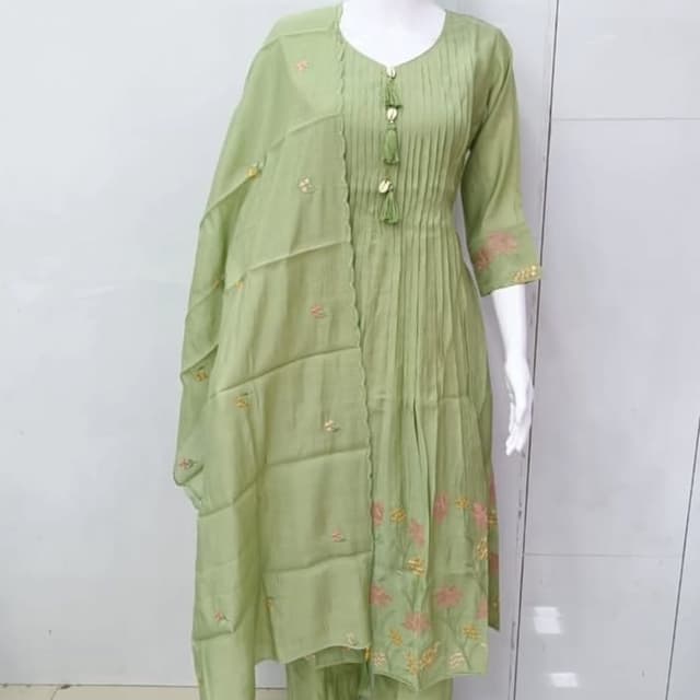 Sage Green with soft pink and yellow floral accents Salwar Kameez Set