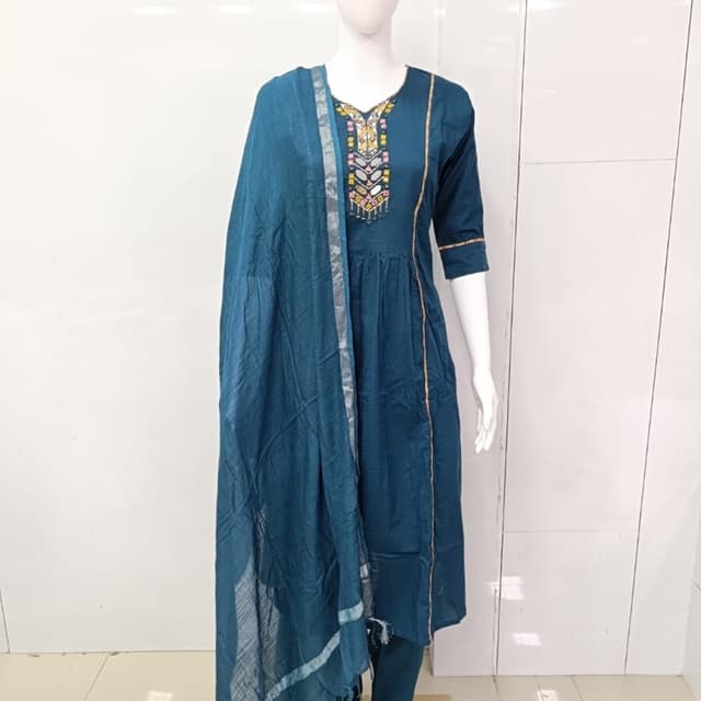 Teal blue with multi-colored embroidery and gold accents Kurta Set with Dupatta