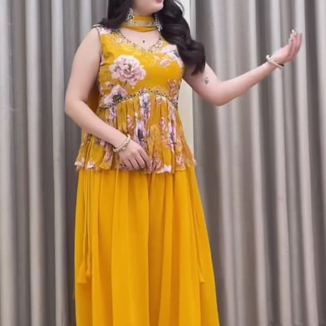Mustard Yellow base with Pink and White floral accents Peplum top and Palazzo set