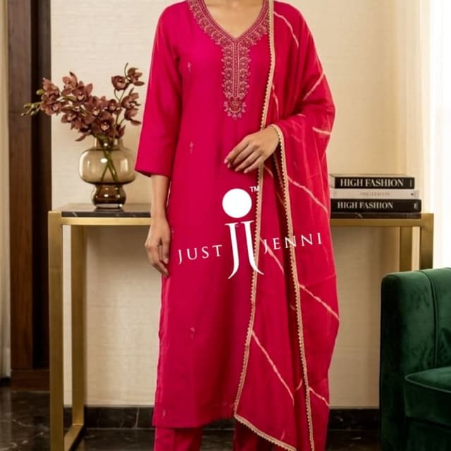 Magenta/Hot Pink with gold accents Salwar Suit Set (Kurta, Pants, Dupatta)