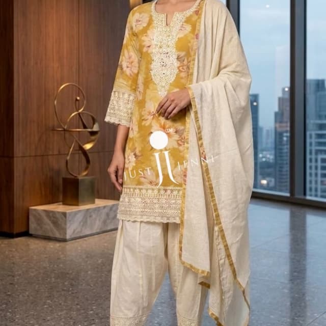 Mustard Yellow, Off-white, Cream, Golden Salwar Kameez Set