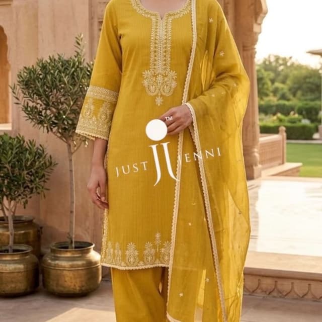 Mustard Yellow with White embroidery Salwar Kameez Set