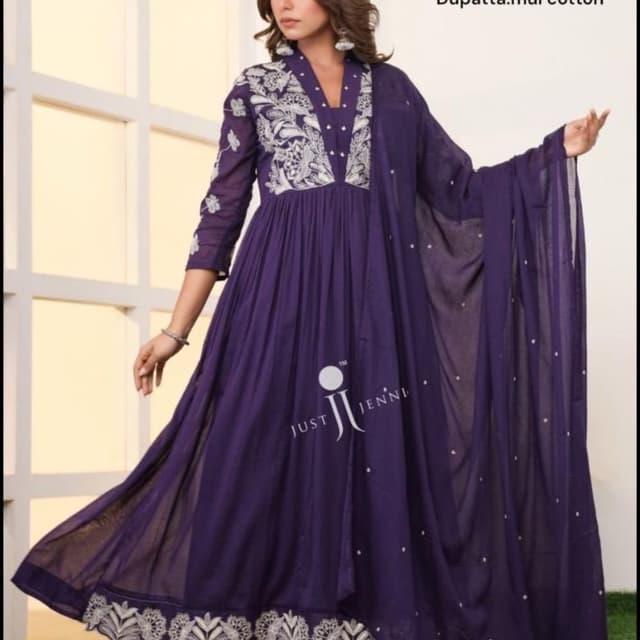 Deep purple base with white embroidery Anarkali Suit Set