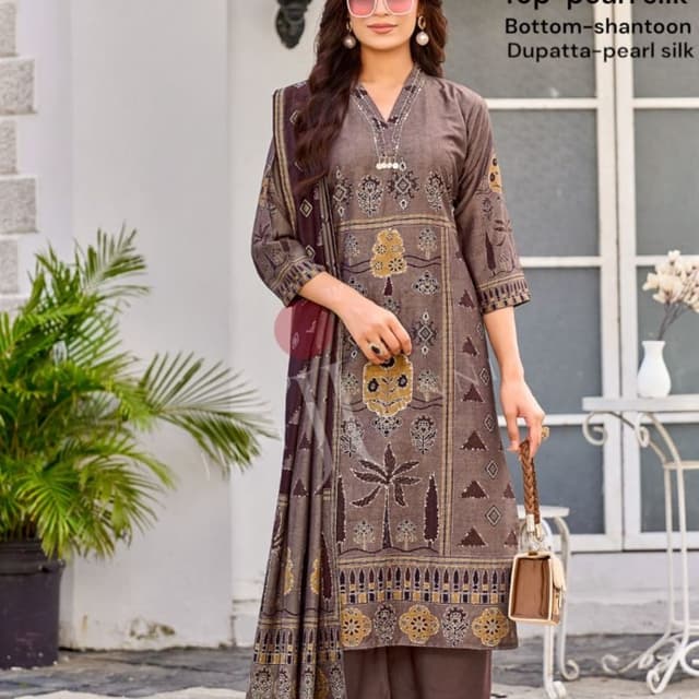 Brown, Gold, Dark Maroon, Muted Yellow Salwar Kameez Suit