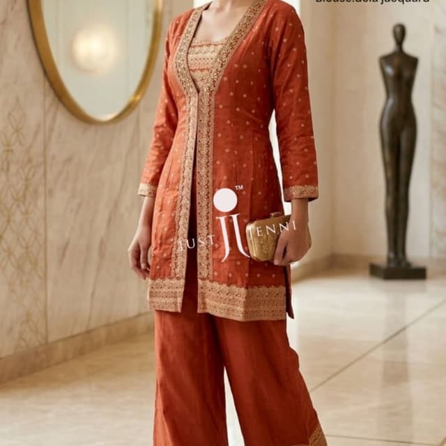 Rust orange with gold embroidery Jacket with Palazzo suit set