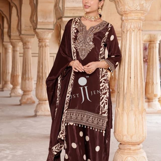 Dark brown base with cream-colored accents and metallic gold embroidery Salwar Kameez/Sharara Suit