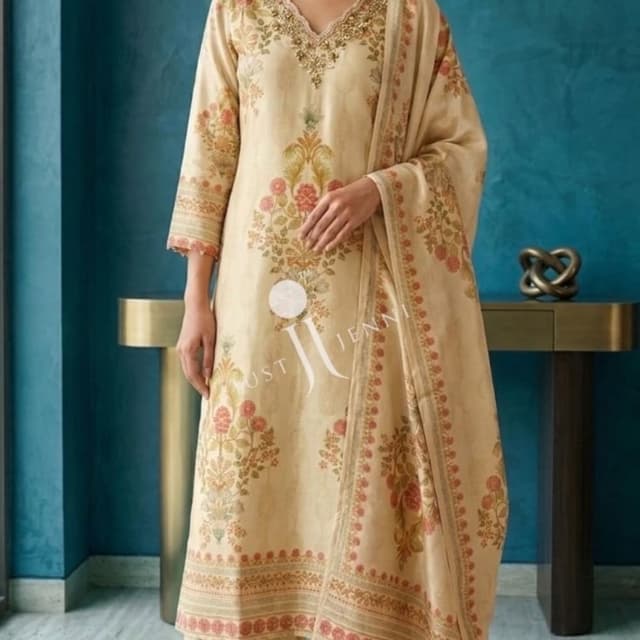Beige, Peach, Olive Green, Gold Salwar Kameez Set