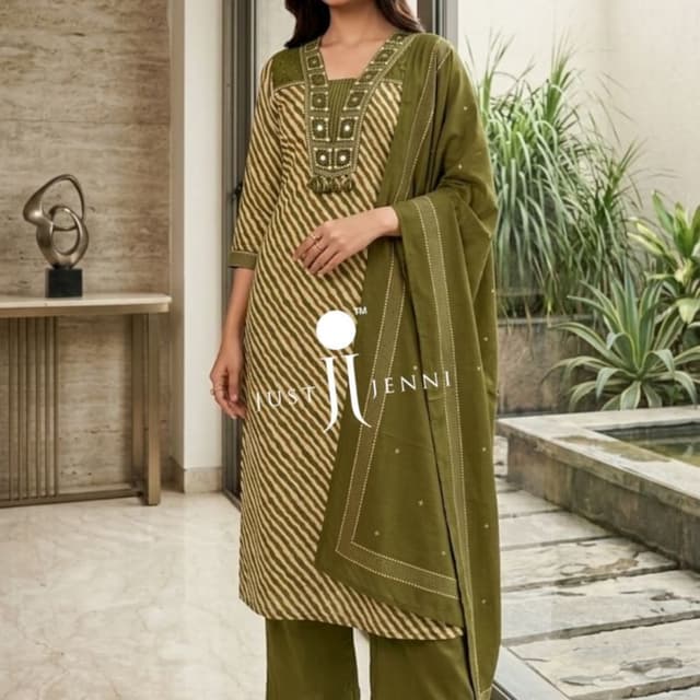 Olive green and beige Kurta Set with Dupatta
