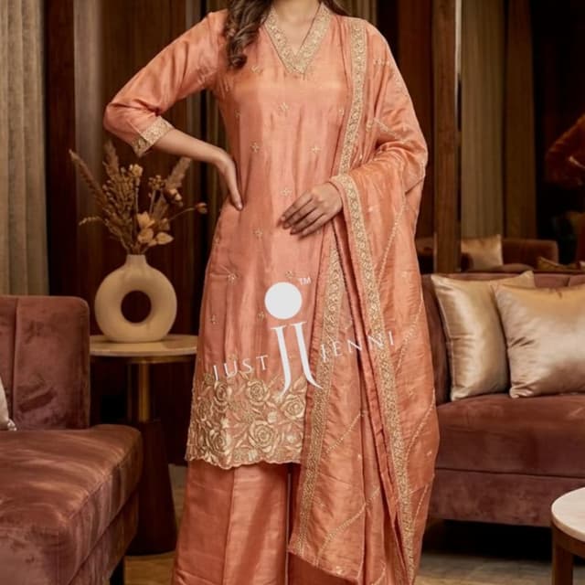 Peach, Gold Salwar Suit