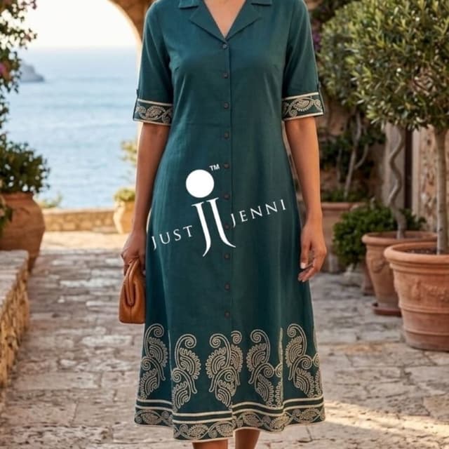 Deep Forest Green with off-white or light beige embroidery Dress