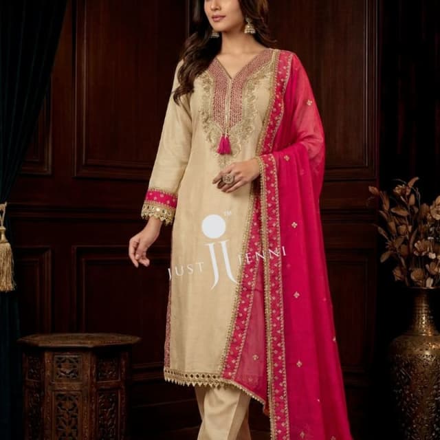 Beige, Hot Pink, Gold Salwar Kameez Set