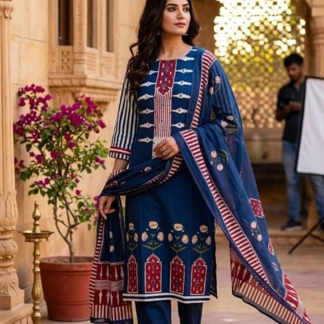 Deep blue, maroon, white, and subtle green accents Salwar Suit Set