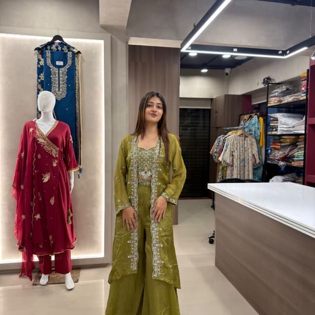 Olive Green with Silver embroidery Co-ord set with cape