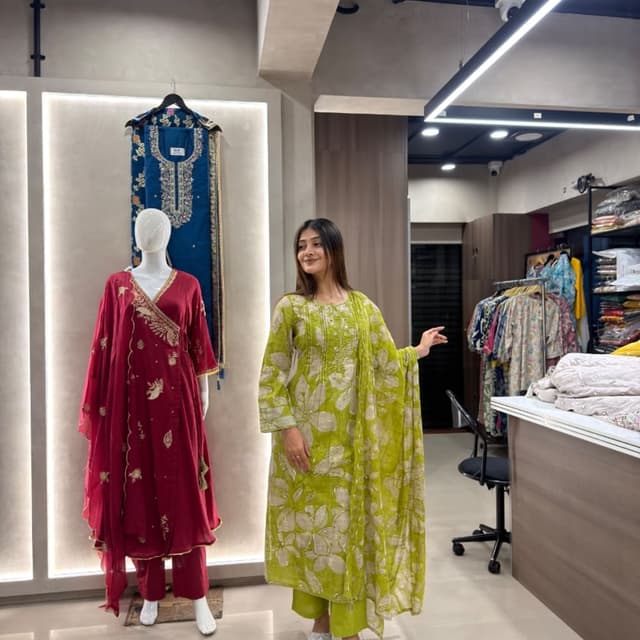 Lime Green and White Kurta Set with Dupatta