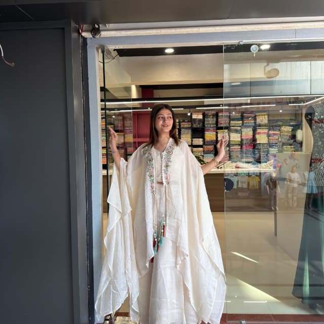 Off-white or Ivory base with pastel floral embroidery Co-ord Set with Overlay/Cape