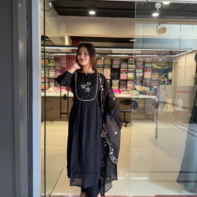 Black with white accents Kurta Set with Dupatta