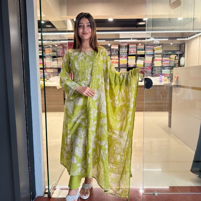 Lime green and white Kurta Set with Dupatta