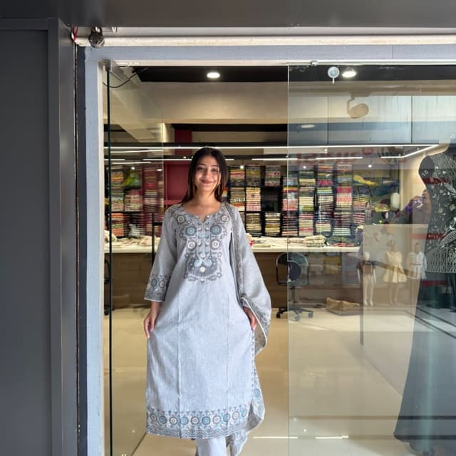 Light grey base with blue and dark grey accents Kurta Set with Dupatta