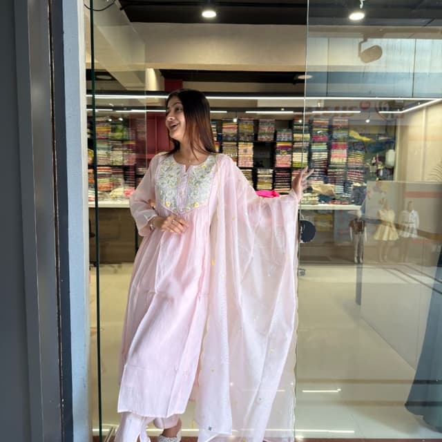 Light pastel pink with yellow and white floral embroidery Kurta Set with Dupatta