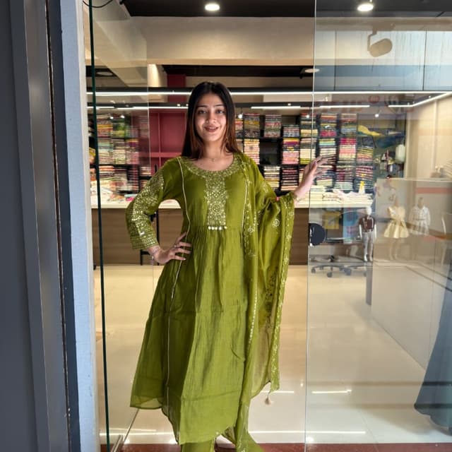 Olive green monochrome Kurta Set with Dupatta