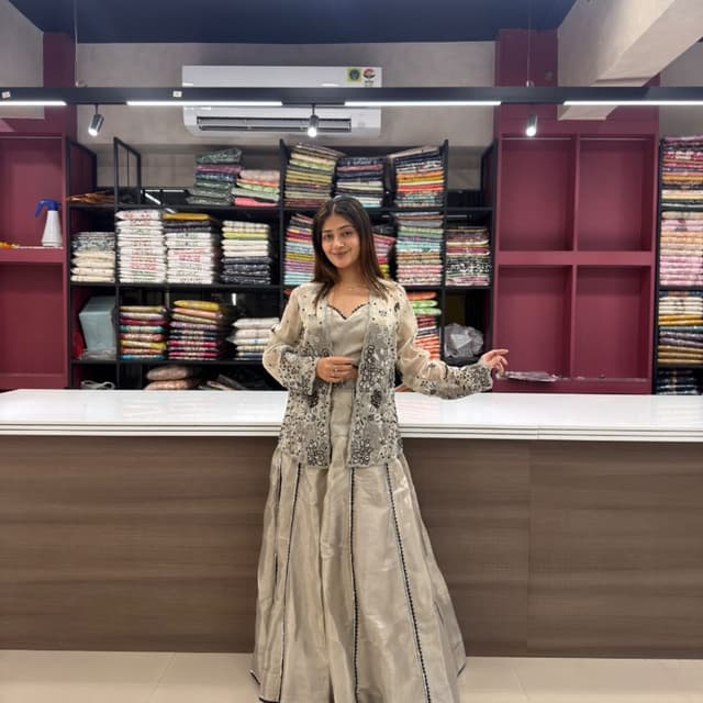 Metallic silver, beige and black Lehenga Choli with Jacket