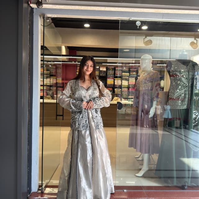Silver, Off-white, and Black Lehenga set with jacket