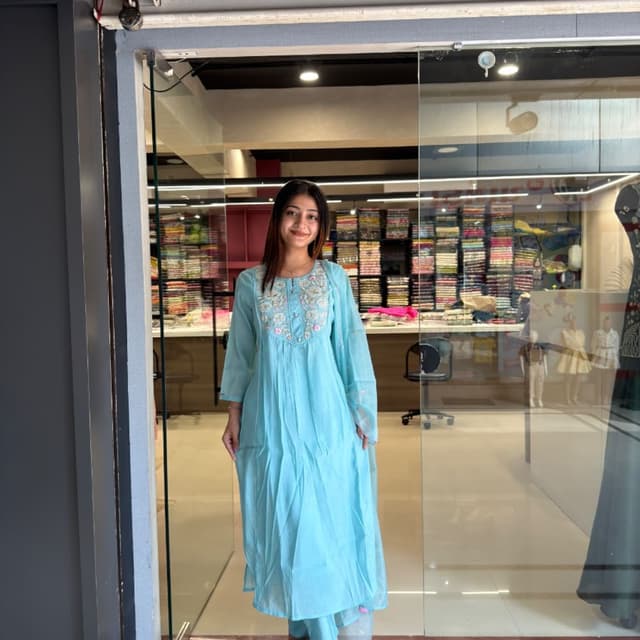 Sky Blue, white, and soft pastel floral accents Kurta Set